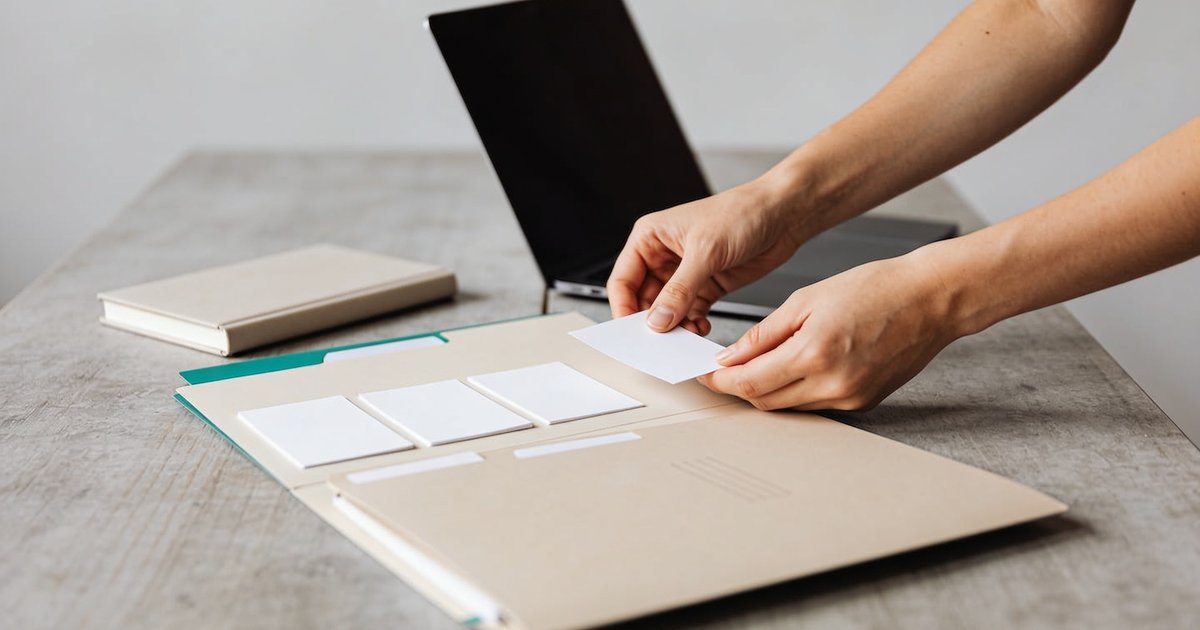 Hände sortieren Unterlagen am Schreibtisch, strukturierte SEO-Arbeitsweise für den B2B-Mittelstand