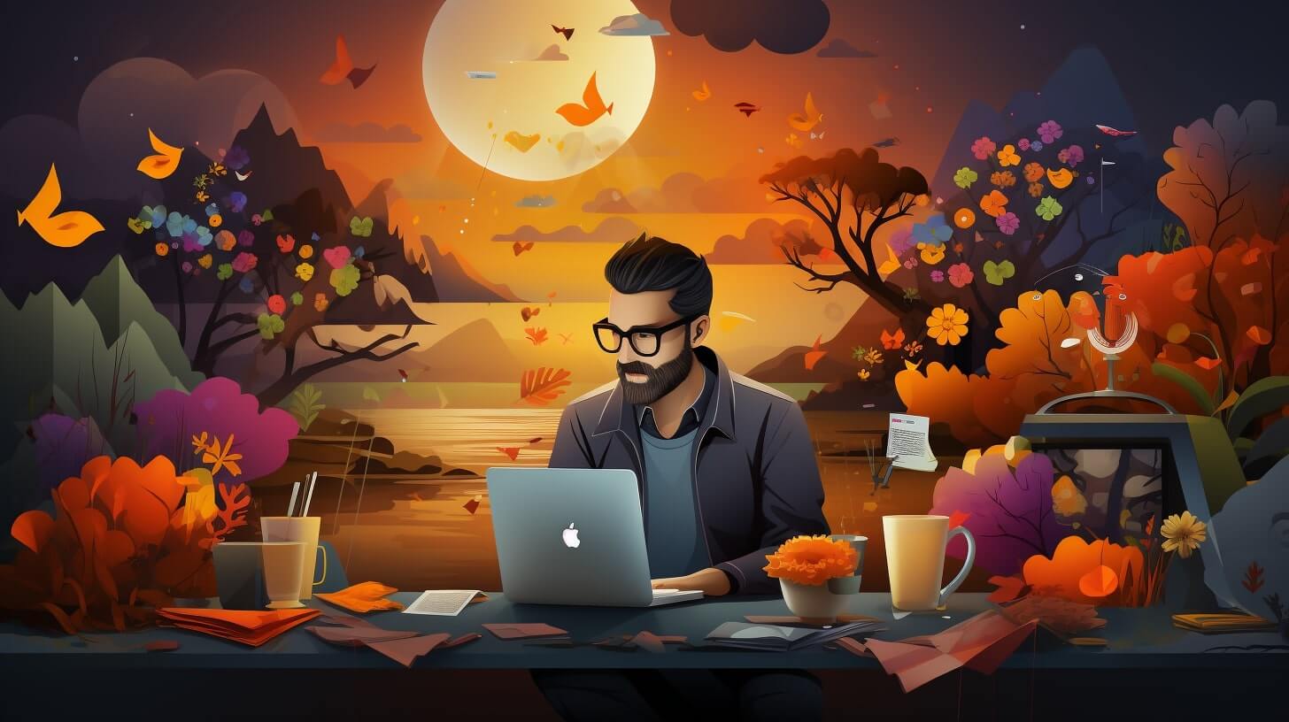 Ein Mann arbeitet an einem Schreibtisch mit einem Laptop und Blumen im Hintergrund, während er eine Landingpage erstellt.