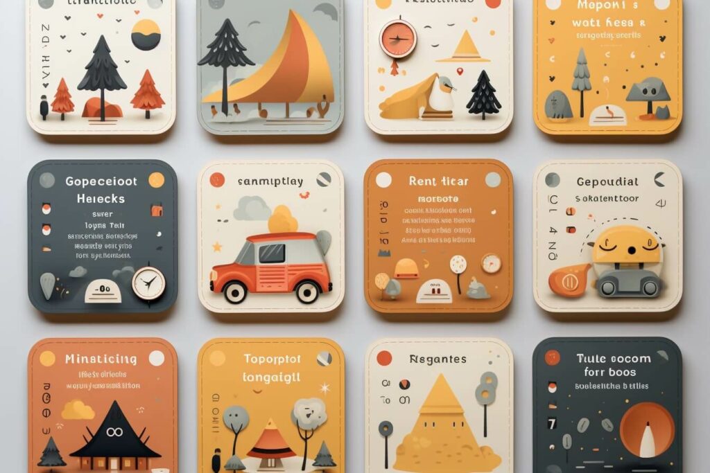 Ein Satz Campingkarten mit Illustrationen.