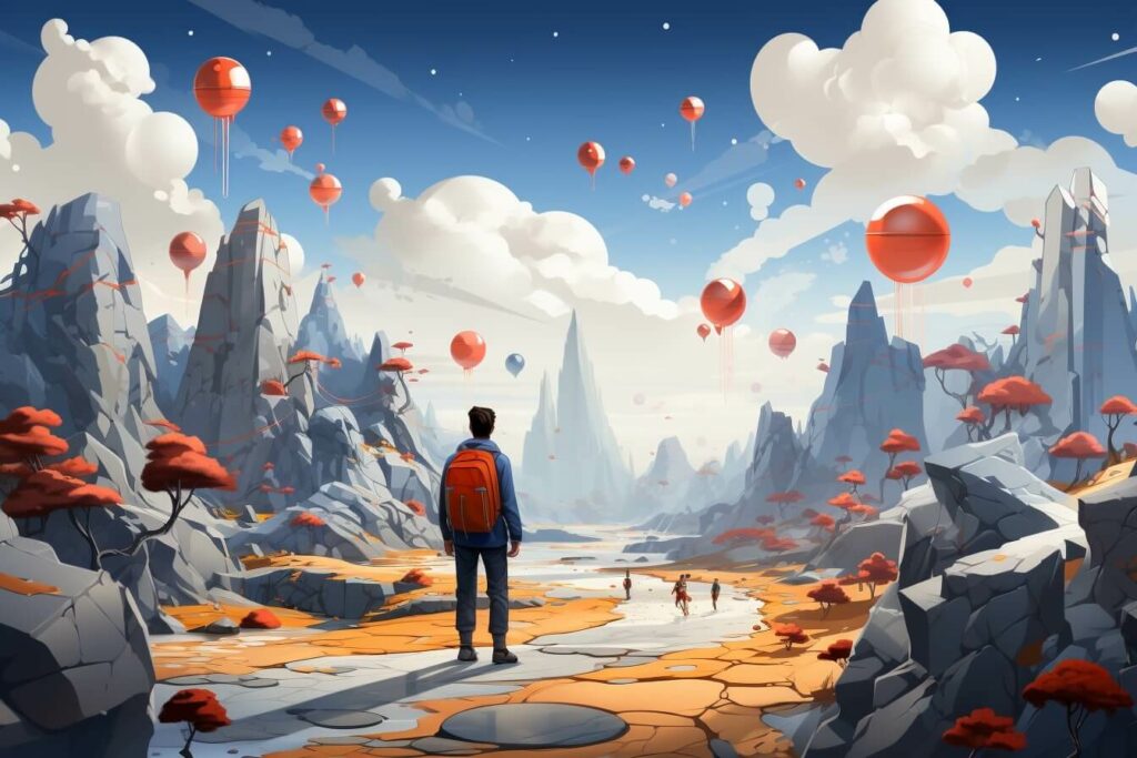 Ein Mann steht in einer Landschaft mit roten Luftballons am Himmel.