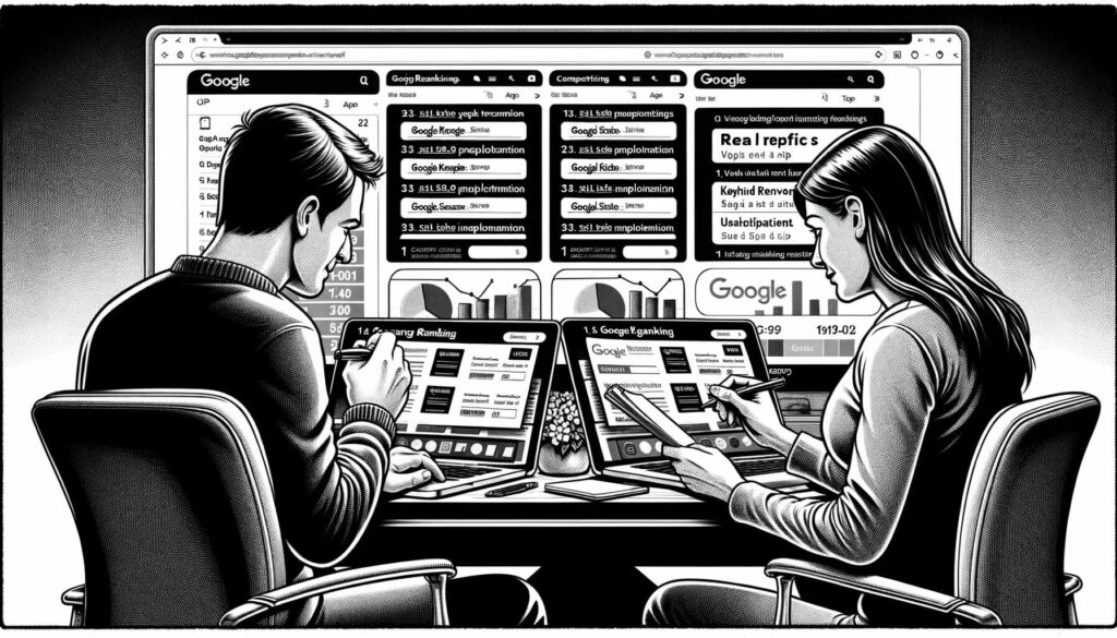 Eine Schwarz-Weiß-Illustration von zwei Personen, die Computer benutzen.
