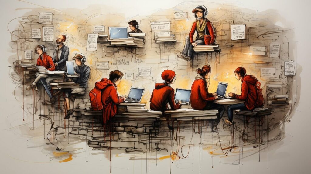 Eine Zeichnung einer Gruppe von Menschen, die Laptops nutzen, während sie im Jahr 2024 etwas über SEO lernen.