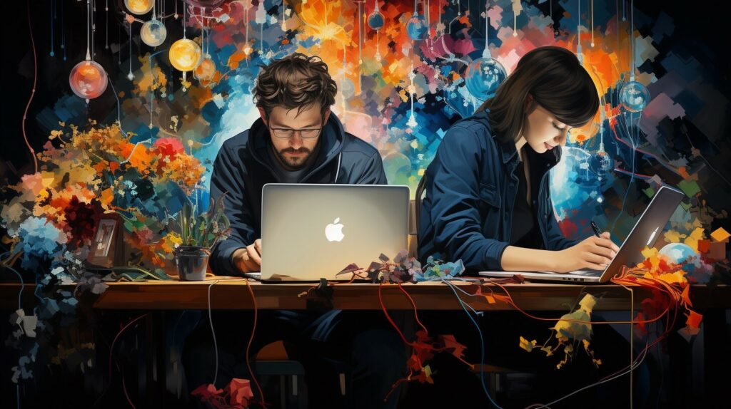 Zwei Personen sitzen mit Laptops an einem Tisch und arbeiten an TYPO3 und SEO.