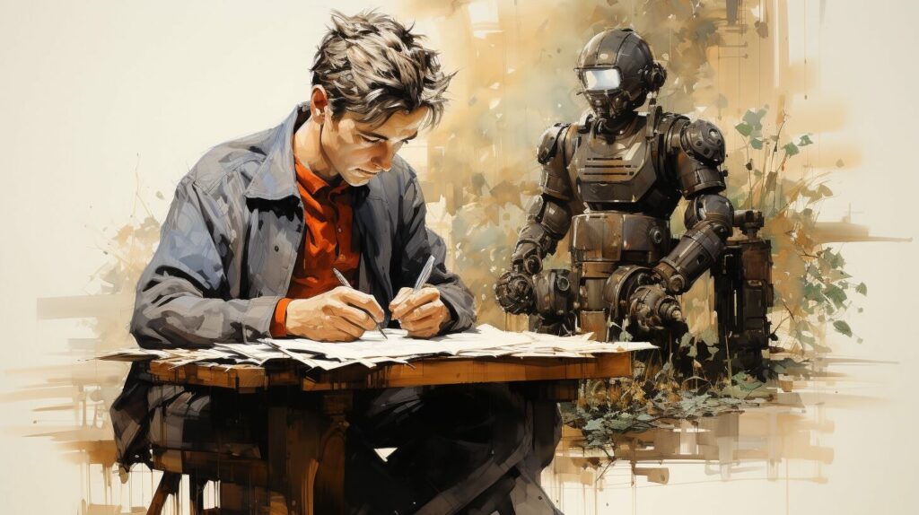 Ein futuristisches Gemälde eines Mannes, eines Roboters und eines Schreibtisches im Jahr 2024.