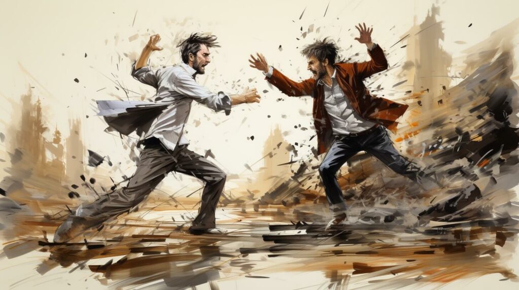 Ein Gemälde von zwei Männern, die auf der Straße kämpfen.