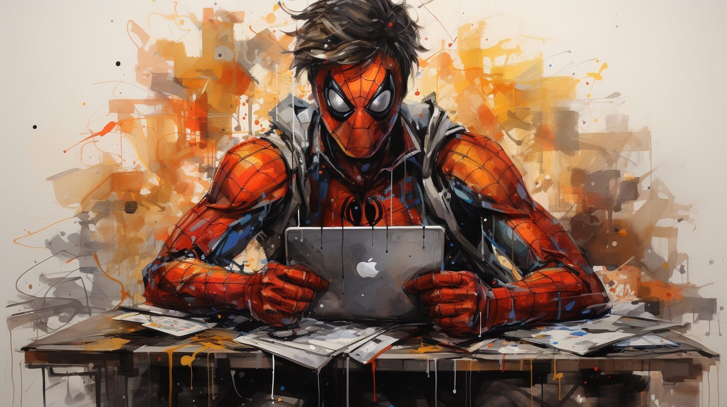 Ein Spinnenmann sitzt mit einem Laptop an einem Tisch.