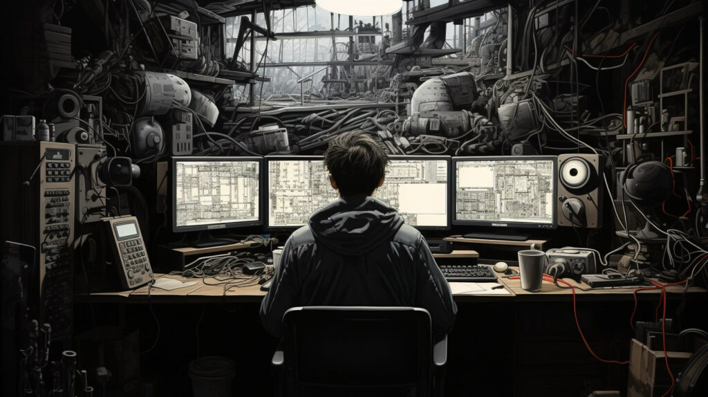 Ein Mann sitzt an einem Schreibtisch mit mehreren Monitoren.