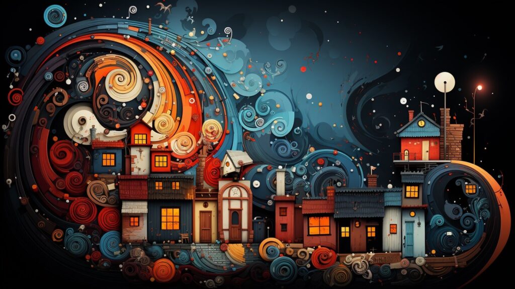 Ein lebendiges Gemälde einer Stadt, geschmückt mit künstlerischen Wirbeln.