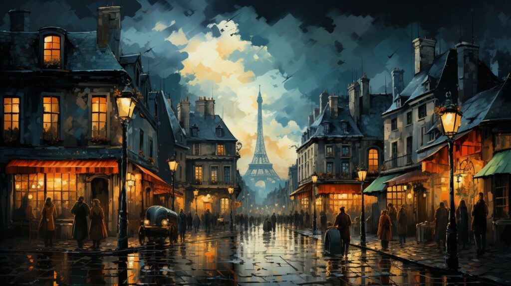 Ein atemberaubendes Gemälde des Eiffelturms, der eine Stadt bei Nacht beleuchtet.