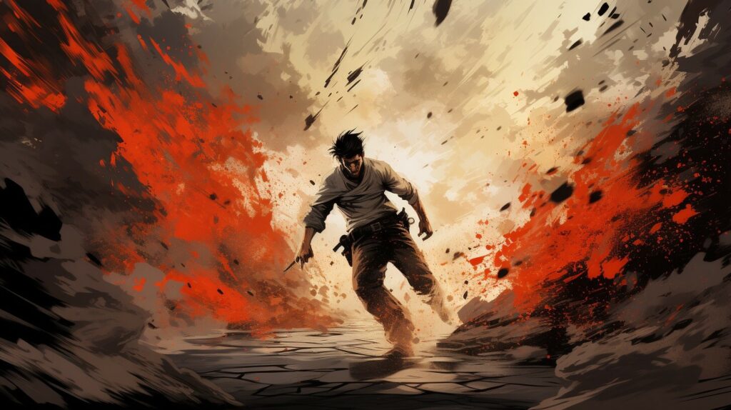 Eine Illustration eines Mannes, der durch eine Explosion rennt.