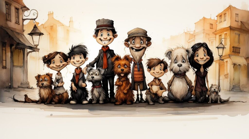 Eine Zeichentrickillustration einer Gruppe von Menschen und Hunden.