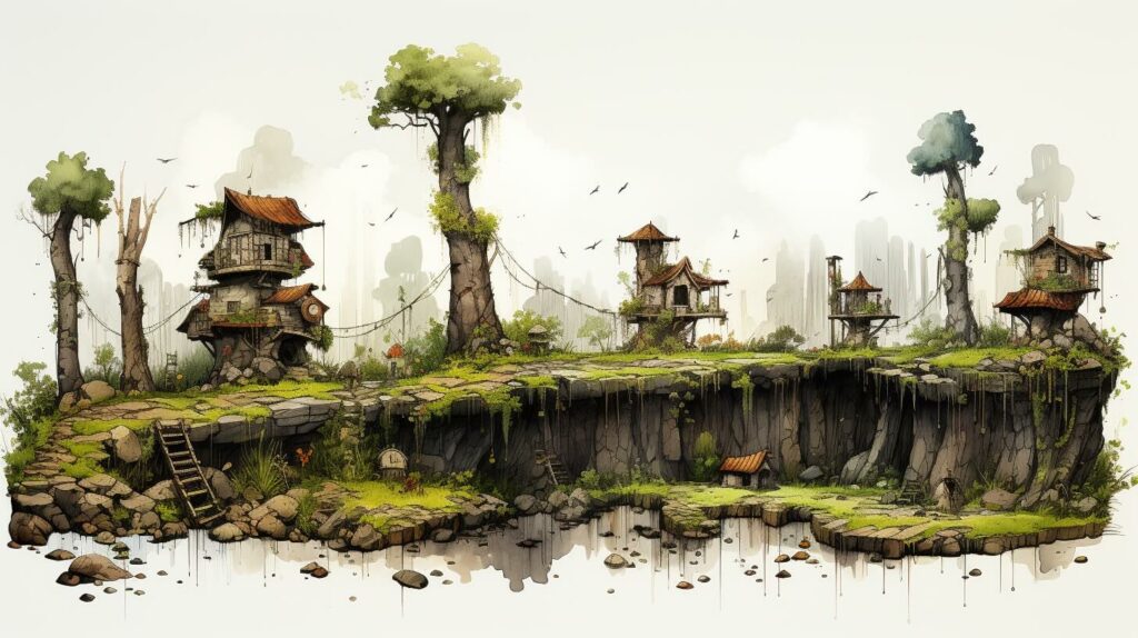 Eine Illustration einer kleinen Insel mit Häusern und Bäumen.