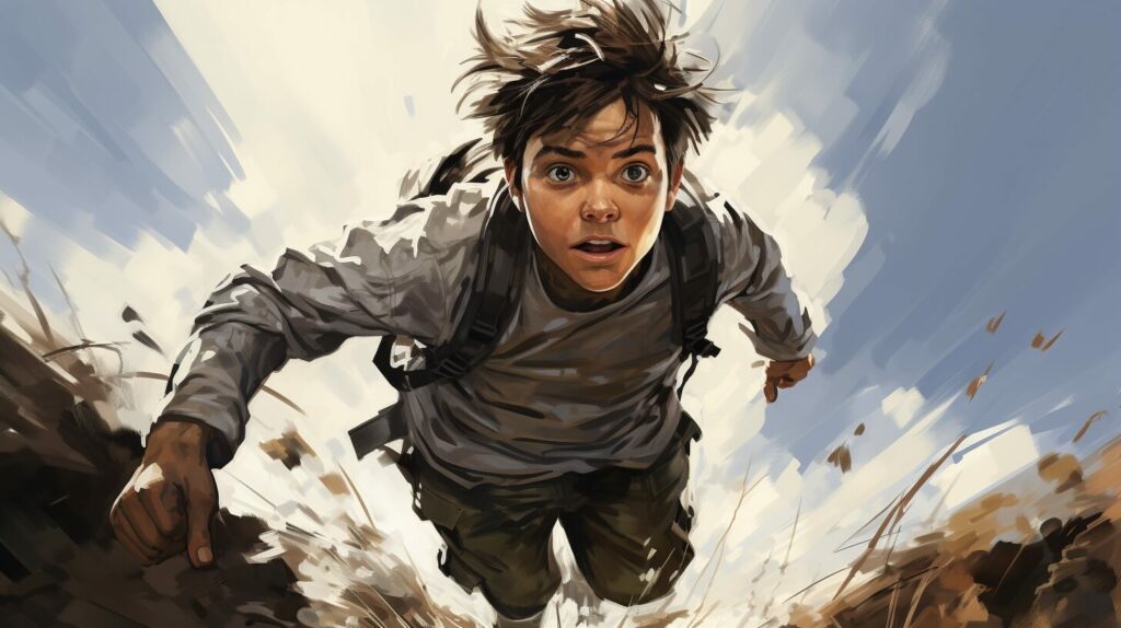 Ein Gemälde eines jungen Mannes, der durch den Dreck rennt.