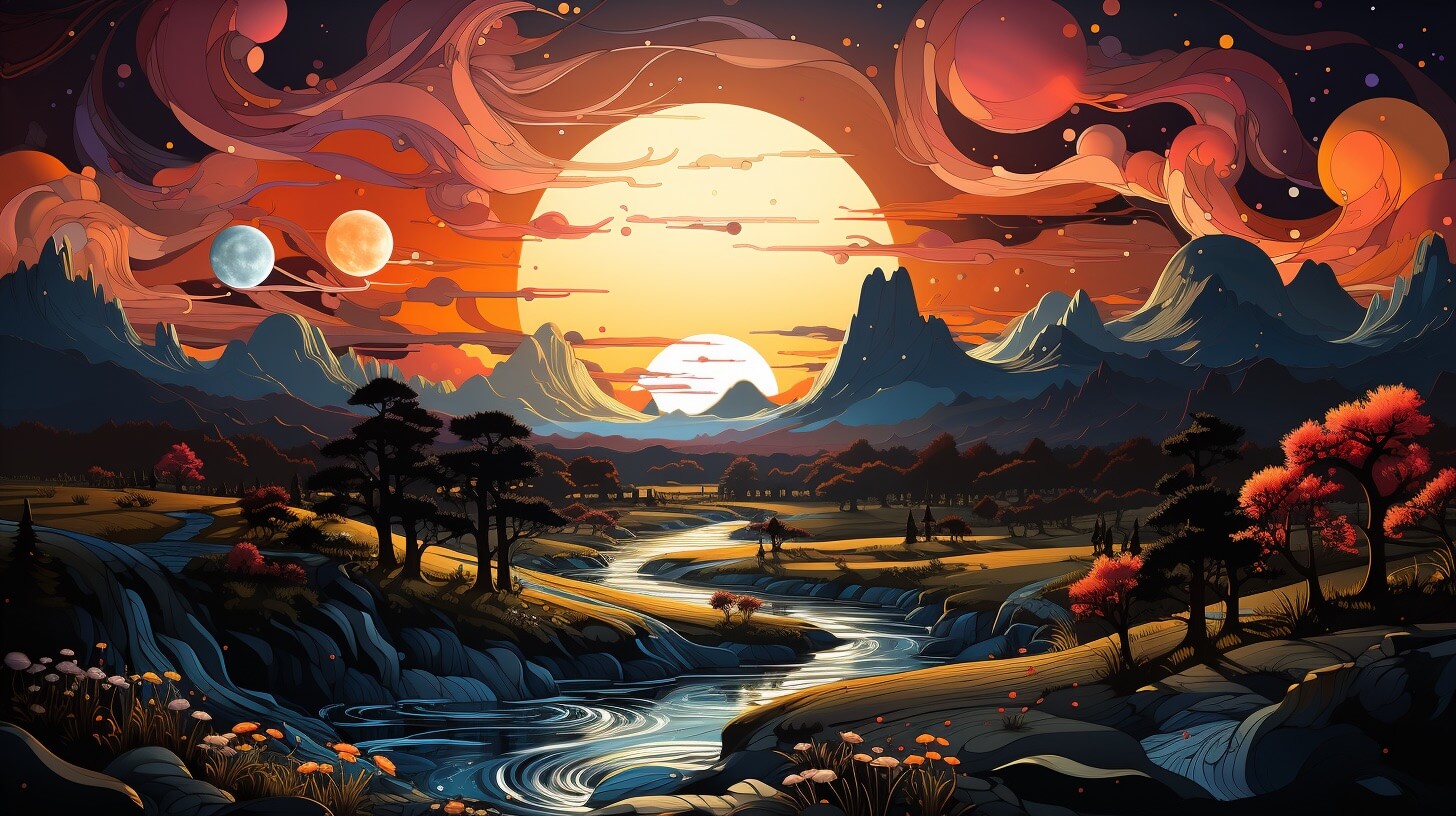 Ein Gemälde einer Landschaft mit einem Fluss und Planeten, das die atemberaubende Schönheit der Natur mit einer interstellaren Wendung zeigt.