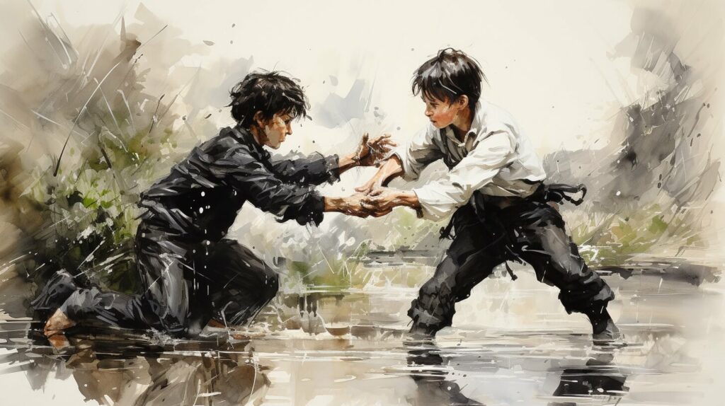 Ein Gemälde von zwei Jungen, die im Wasser kämpfen.