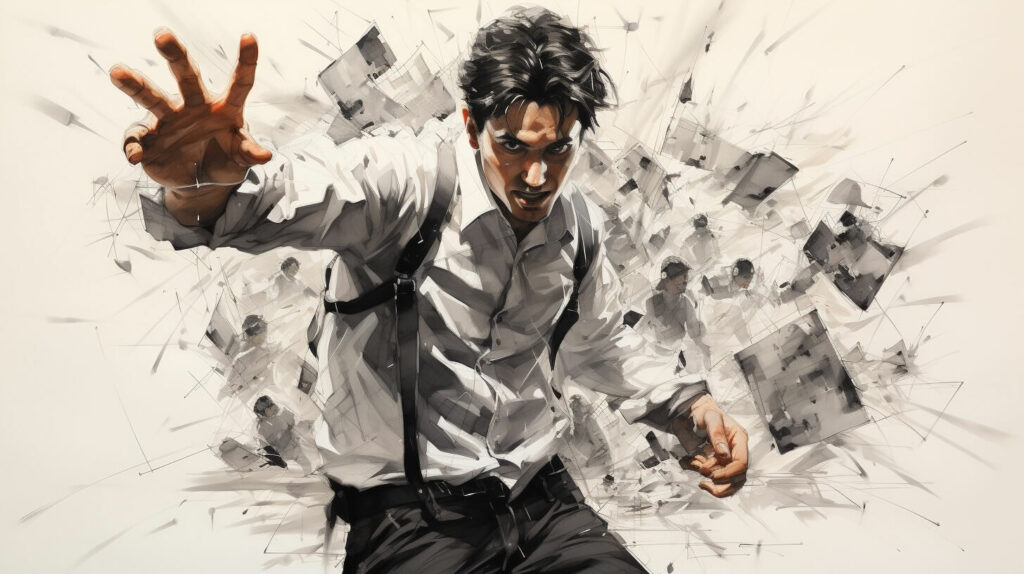 Ein Gemälde eines Mannes, der durch eine Trümmerwand rennt.