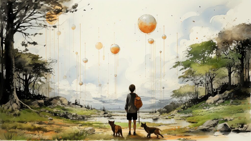 Ein Gemälde eines Jungen, der das Wunder bunter Luftballons erlebt, die am Himmel schweben.