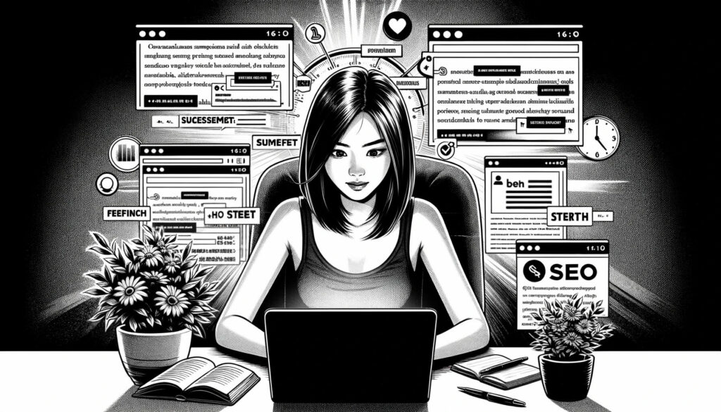 Ein Schwarz-Weiß-Bild einer Frau, die an einem Laptop arbeitet.