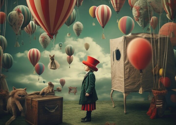 Ein Mädchen steht auf einem Feld mit Heißluftballons der TYPO3-Agentur.