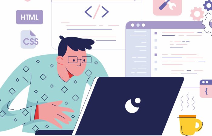 Illustration einer Person mit Brille, die an einem Laptop arbeitet und WordPress einrichtet. Im Hintergrund sind Codesymbole wie HTML und CSS zu sehen. Daneben steht eine dampfende Kaffeetasse, und Zahnräder deuten Programmierkonzepte an.