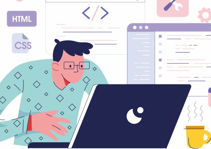 Illustration einer Person mit Brille, die an einem Laptop arbeitet und WordPress einrichtet. Im Hintergrund sind Codesymbole wie HTML und CSS zu sehen. Daneben steht eine dampfende Kaffeetasse, und Zahnräder deuten Programmierkonzepte an.