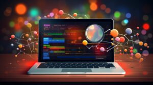 Ein Laptop zeigt bunte Codezeilen, umgeben von leuchtenden, miteinander verbundenen abstrakten Formen, die auf Schema-Markup für SEO hindeuten. Der unscharfe Hintergrund mit leuchtenden Farben erzeugt eine futuristische Hightech-Atmosphäre.