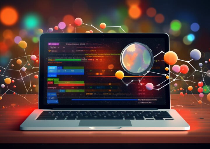 Ein Laptop zeigt bunte Codezeilen, umgeben von leuchtenden, miteinander verbundenen abstrakten Formen, die auf Schema-Markup für SEO hindeuten. Der unscharfe Hintergrund mit leuchtenden Farben erzeugt eine futuristische Hightech-Atmosphäre.