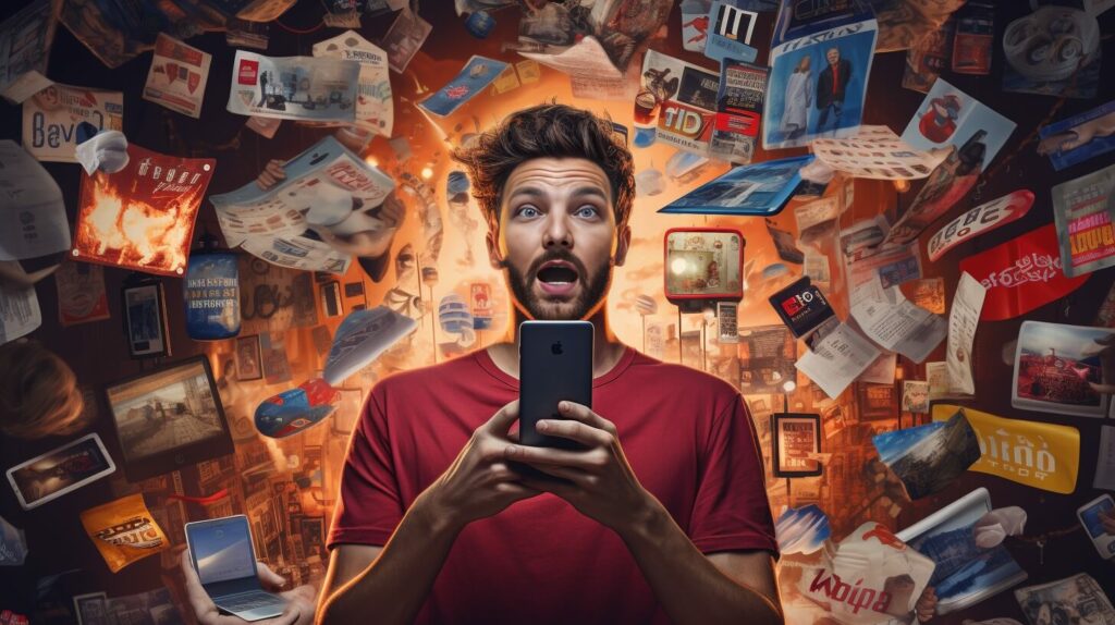 Ein Mann hält ein Mobiltelefon in der Hand und ist von vielen Papieren umgeben.