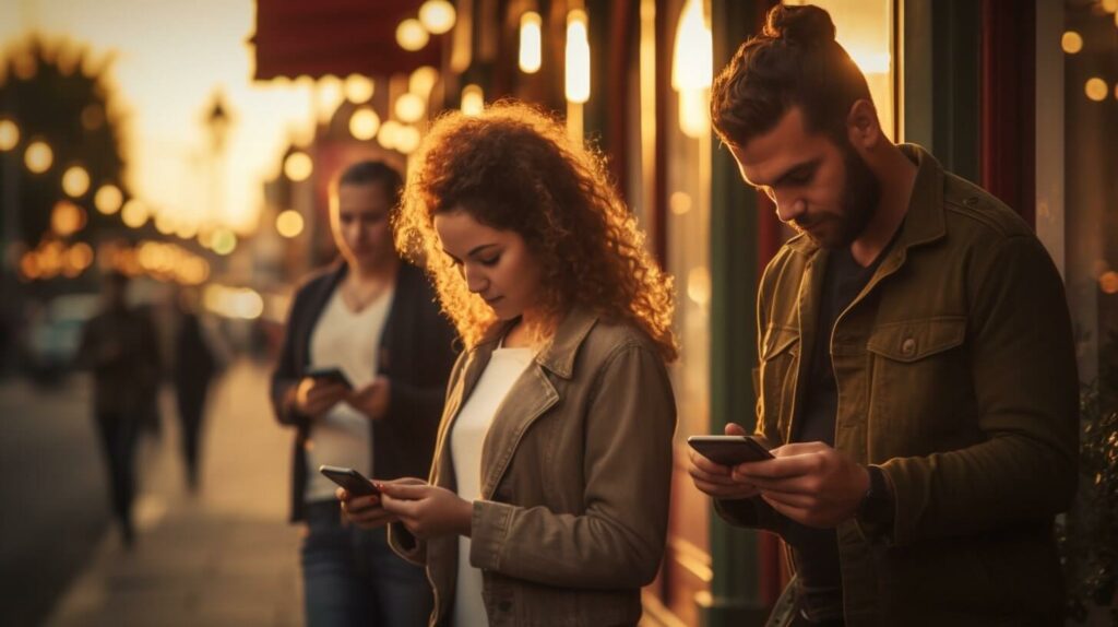 Menschen, die auf ihr Handy schauen und nach lokalen Restaurants suchen