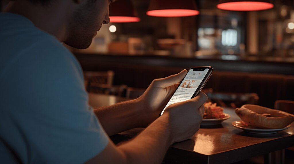 Eine Nahaufnahme von jemandem, der die Keywords für ein lokales Restaurant in eine Suchmaschine auf einem Telefon eingibt