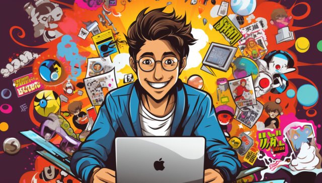 Ein Cartoon-Mann sitzt vor einem Laptop, umgeben von Cartoon-Figuren.