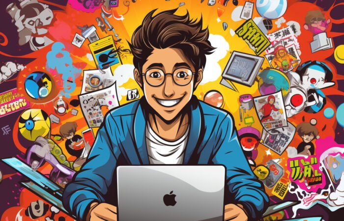 Ein Cartoon-Mann sitzt vor einem Laptop, umgeben von Cartoon-Figuren.