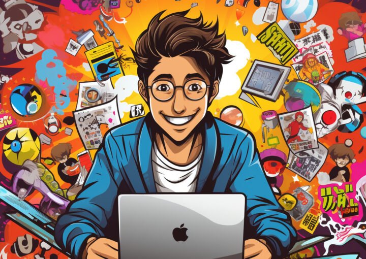 Ein Cartoon-Mann sitzt vor einem Laptop, umgeben von Cartoon-Figuren.