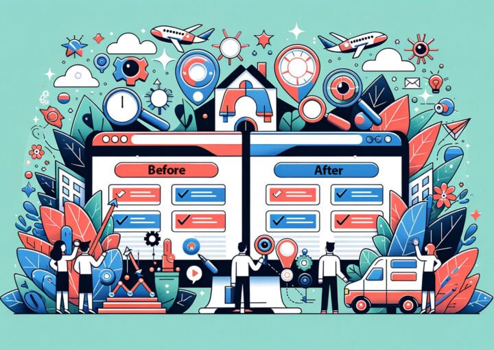 Eine Cartoonillustration einer Website mit vielen Symbolen darauf.