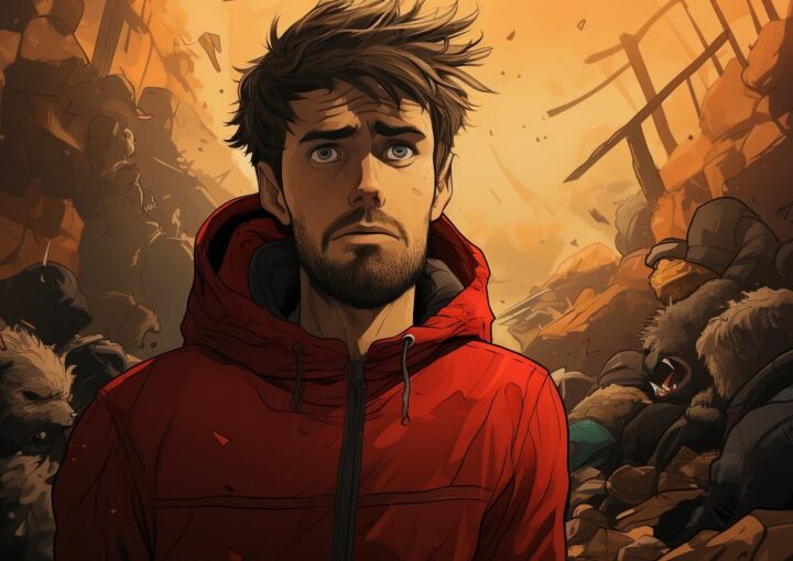 Ein Mann in einem roten Kapuzenpullover steht vor einem Steinhaufen und präsentiert die neuesten SEO-Techniken für 2024.