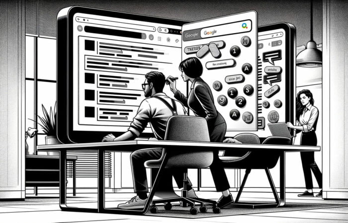 Eine Schwarz-Weiß-Illustration einer Gruppe von Menschen an einem Schreibtisch.