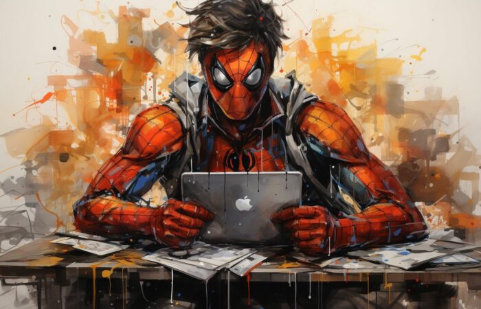 Ein Spinnenmann sitzt mit einem Laptop an einem Tisch.