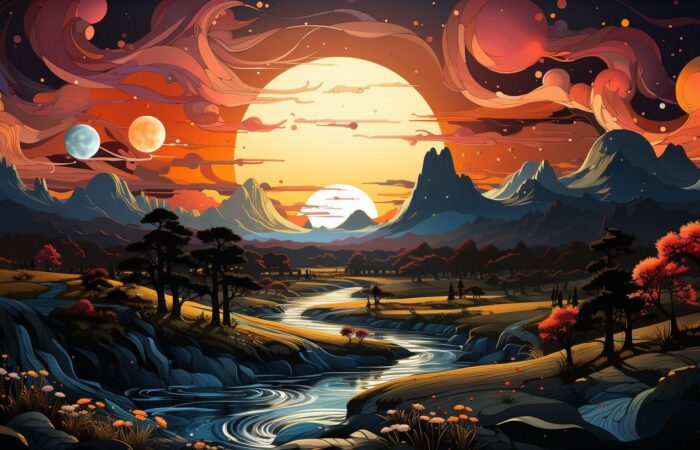 Ein Gemälde einer Landschaft mit einem Fluss und Planeten, das die atemberaubende Schönheit der Natur mit einer interstellaren Wendung zeigt.