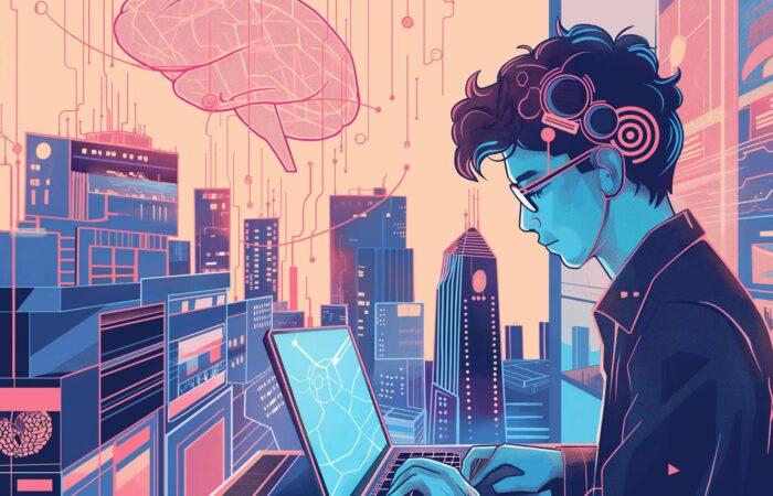 Eine digitale Illustration zeigt eine Person mit Brille und Kopfhörern, die an einem Laptop arbeitet. Der Hintergrund zeigt eine futuristische Stadtlandschaft in Neonfarben und holografischen Elementen, darunter eine große gehirnförmige Grafik, die Technologie und künstliche Intelligenz symbolisiert – ein echter Gamechanger bei der KI-SEO-Optimierung von Websites.
