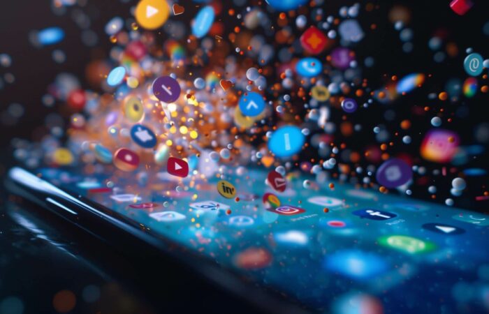 Ein Smartphone liegt auf einer Oberfläche, sein Bildschirm leuchtet. Zahlreiche lebendige Social-Media-Symbole wie Twitter, Facebook, Instagram und YouTube springen in einem Wirbel aus Farben dynamisch aus dem Bildschirm und suggerieren digitale Überlastung oder Konnektivität in unserer digitalen Welt.