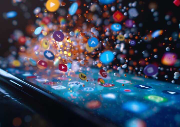 Ein Smartphone liegt auf einer Oberfläche, sein Bildschirm leuchtet. Zahlreiche lebendige Social-Media-Symbole wie Twitter, Facebook, Instagram und YouTube springen in einem Wirbel aus Farben dynamisch aus dem Bildschirm und suggerieren digitale Überlastung oder Konnektivität in unserer digitalen Welt.