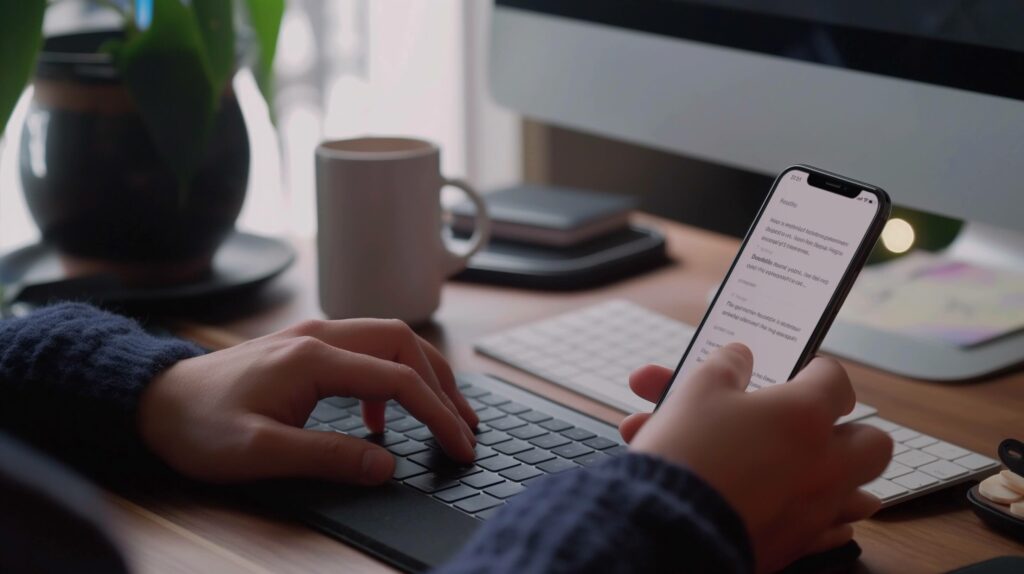 Eine Person in einem dunklen Pullover arbeitet an einem Schreibtisch. In einer Hand hält sie ein Smartphone, mit der anderen tippt sie auf der Tastatur eines Laptops und richtet wahrscheinlich Automatisierung ein. Auf dem Schreibtisch sind außerdem ein großer Monitor, eine Pflanze, eine Kaffeetasse und Stapel von Büchern und Papieren zu sehen.