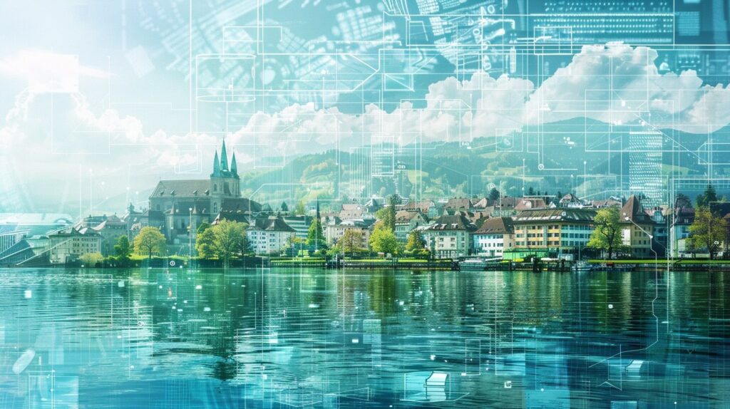 Eine idyllische Stadt am Seeufer mit historischen Gebäuden und einer Kirche mit zwei Türmen spiegelt sich im ruhigen Wasser. Im Hintergrund überlagern digitale Grafiken und Schaltkreise die Szene und vermischen Technologie und Automatisierung mit der malerischen, ruhigen Landschaft unter einem teilweise bewölkten Himmel.