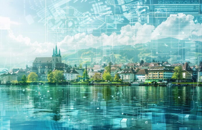 Eine idyllische Stadt am Seeufer mit historischen Gebäuden und einer Kirche mit zwei Türmen spiegelt sich im ruhigen Wasser. Im Hintergrund überlagern digitale Grafiken und Schaltkreise die Szene und vermischen Technologie und Automatisierung mit der malerischen, ruhigen Landschaft unter einem teilweise bewölkten Himmel.