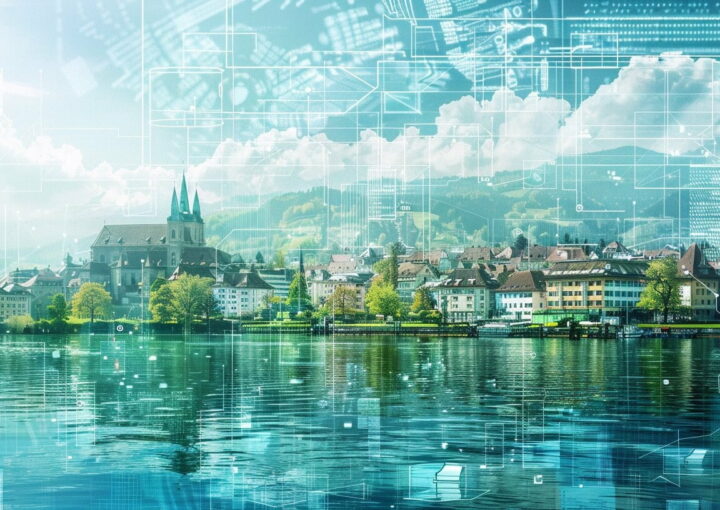 Eine idyllische Stadt am Seeufer mit historischen Gebäuden und einer Kirche mit zwei Türmen spiegelt sich im ruhigen Wasser. Im Hintergrund überlagern digitale Grafiken und Schaltkreise die Szene und vermischen Technologie und Automatisierung mit der malerischen, ruhigen Landschaft unter einem teilweise bewölkten Himmel.