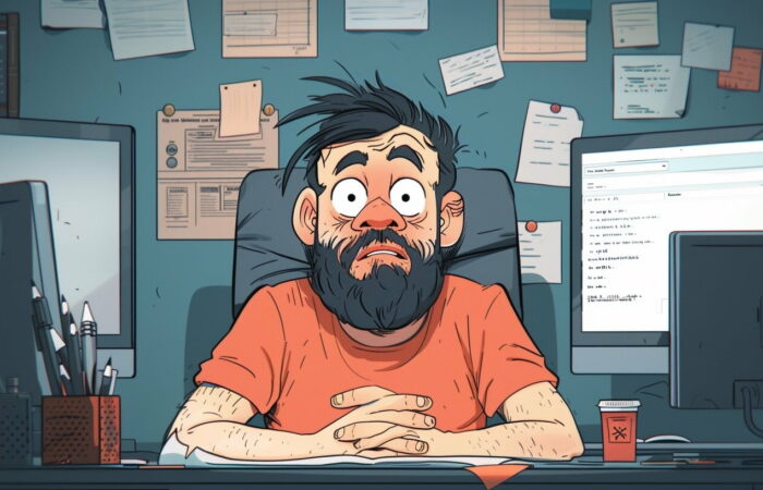 Eine Cartoon-Illustration eines Mannes mit Bart und zerzaustem Haar, der an einem überladenen Schreibtisch sitzt. Er trägt ein orangefarbenes Hemd und sieht überwältigt aus. Im Hintergrund sind zwei Computerbildschirme zu sehen, einer davon zeigt WordPress-Dateien und eine Wand ist mit Papieren und Notizen bedeckt.