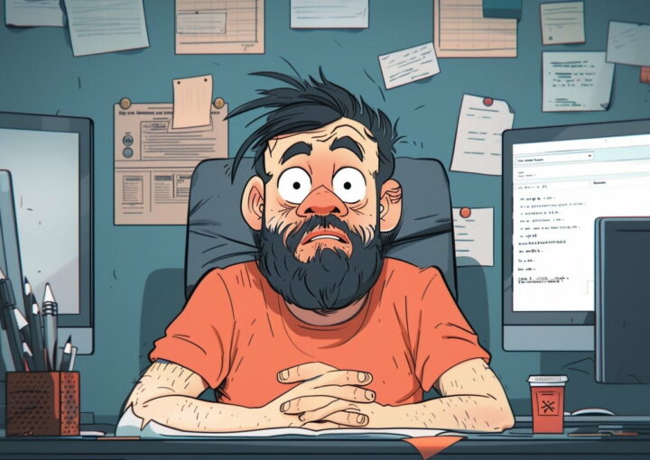 Eine Cartoon-Illustration eines Mannes mit Bart und zerzaustem Haar, der an einem überladenen Schreibtisch sitzt. Er trägt ein orangefarbenes Hemd und sieht überwältigt aus. Im Hintergrund sind zwei Computerbildschirme zu sehen, einer davon zeigt WordPress-Dateien und eine Wand ist mit Papieren und Notizen bedeckt.