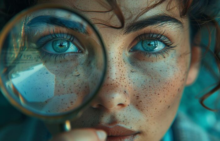 Nahaufnahme einer jungen Person mit Sommersprossen und lockigem Haar, wobei ein Auge durch eine Pro Search 2.0-Lupe fokussiert wird. Die Linse zeigt vergrößerte Details des blauen Auges und der umgebenden Haut und zeigt Sommersprossen und feine Linien. Der Hintergrund ist leicht verschwommen.