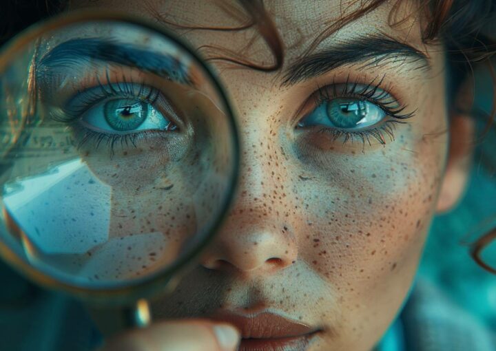 Nahaufnahme einer jungen Person mit Sommersprossen und lockigem Haar, wobei ein Auge durch eine Pro Search 2.0-Lupe fokussiert wird. Die Linse zeigt vergrößerte Details des blauen Auges und der umgebenden Haut und zeigt Sommersprossen und feine Linien. Der Hintergrund ist leicht verschwommen.