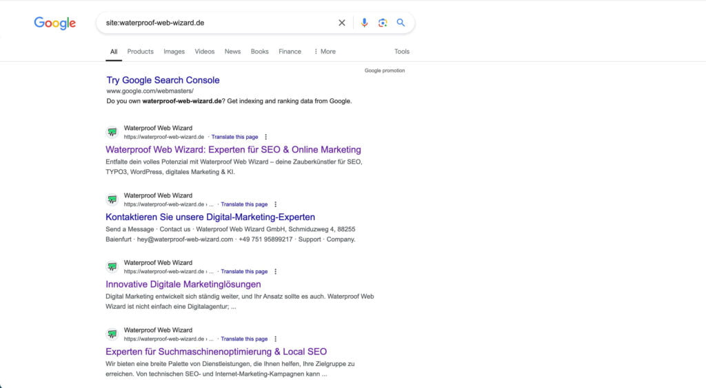 Ein Screenshot der Google-Suchergebnisse für die Abfrage „site:waterproof-web-wizard.de“. Es werden mehrere Suchergebnisse der Website „Waterproof Web Wizard“ aufgelistet, die Dienstleistungen in den Bereichen SEO, Online-Marketing und digitales Marketing anbietet. Ganz oben erscheint eine Anzeige der Google Search Console.